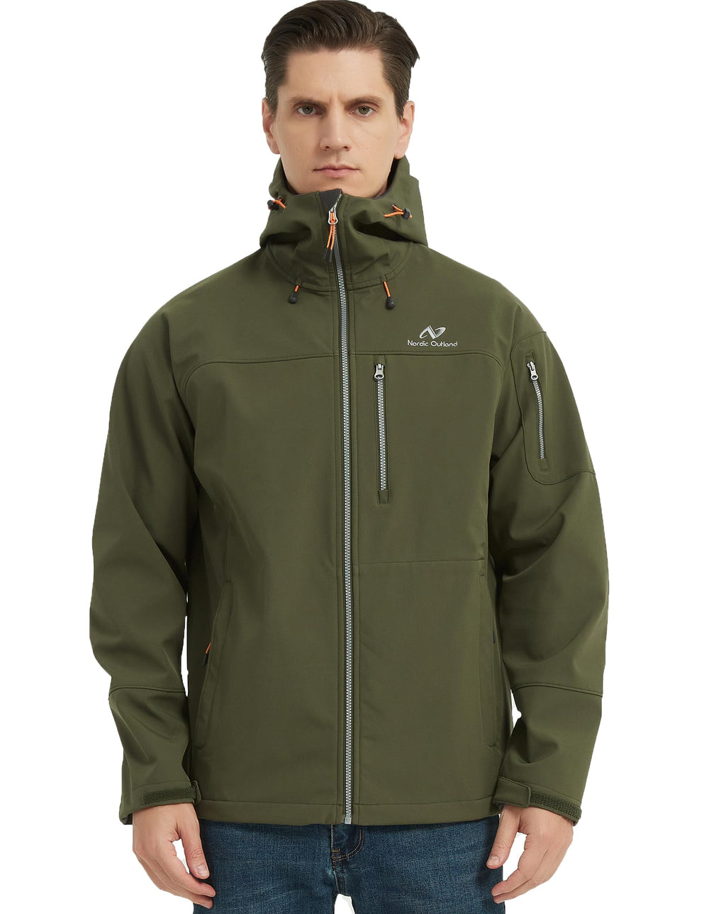 Nordic Outland men's softshell jacket hooded front view highlights weather-ready protection for outdoor adventures.