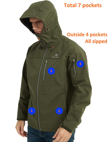 Nordic Outland men's softshell jacket pocket-closed reveals seven pockets for secure storage during hikes.