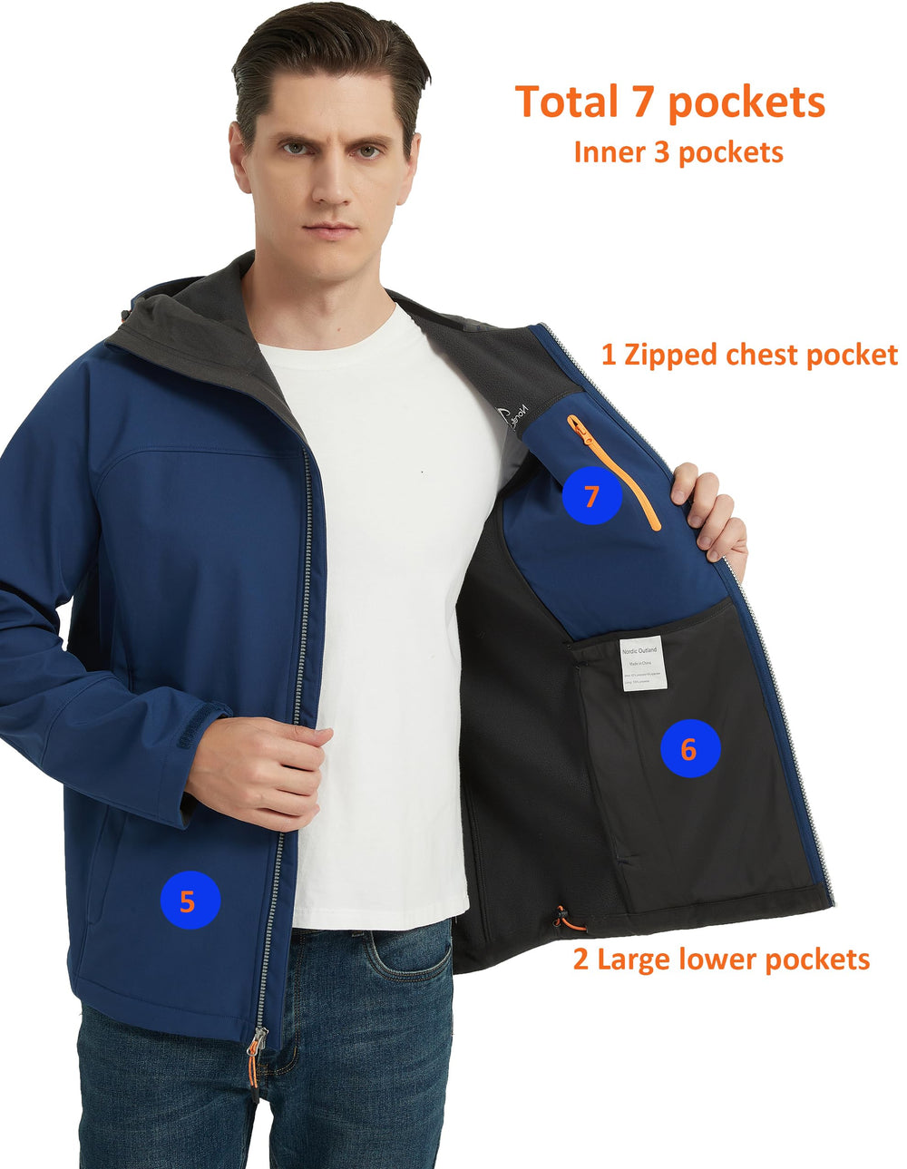 Nordic Outland softshell pocket closeup highlighting secure zip compartments for essentials