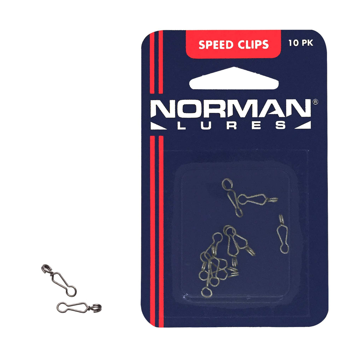 Norman SK-1 Speed Clips package shows stainless steel construction for fresh and saltwater use.