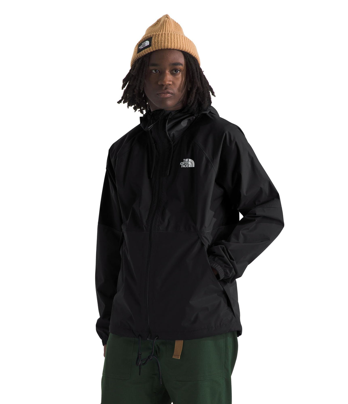 The North Face Antora Rain Hoodie front view showing waterproof protection for rainy commutes.