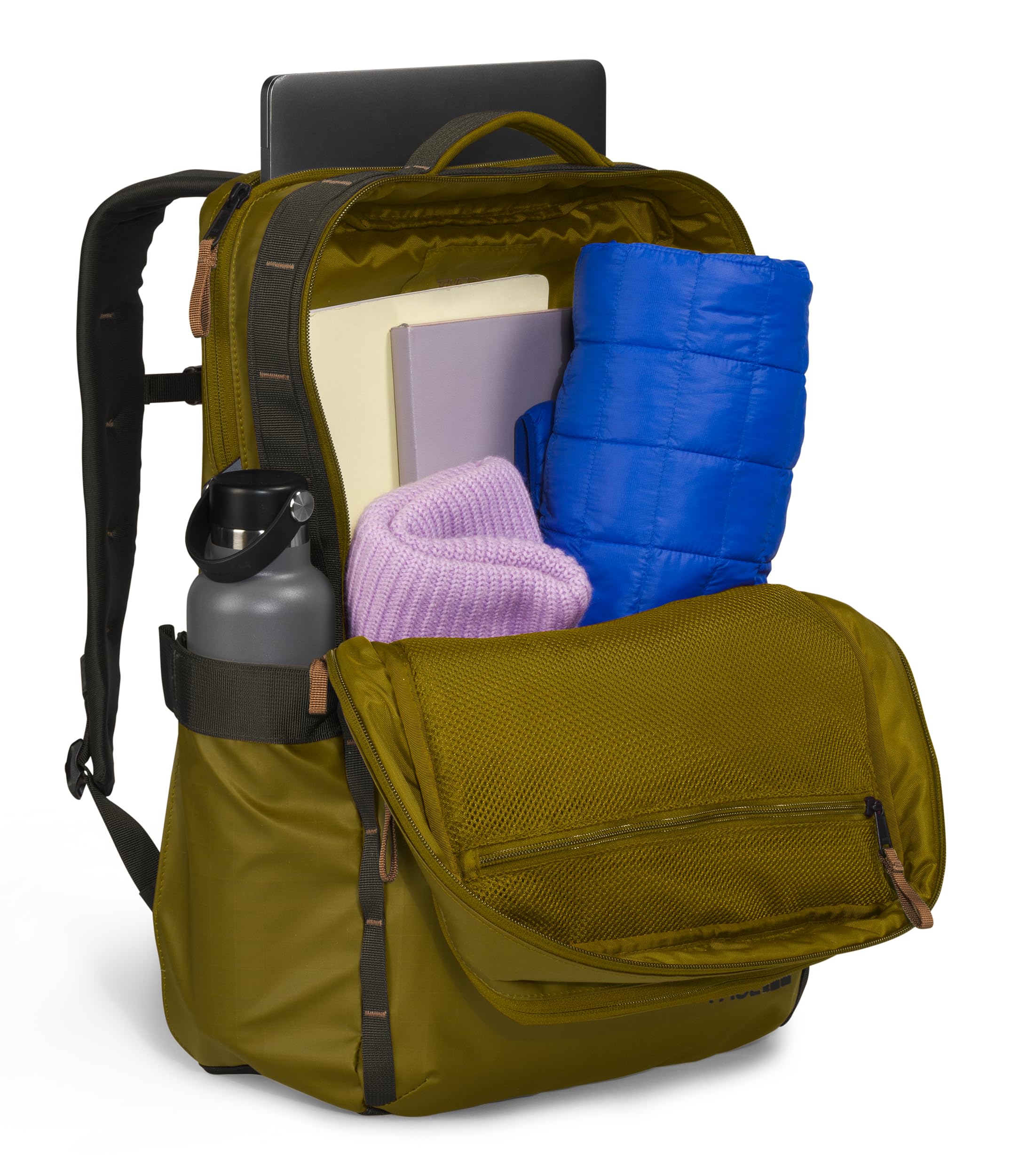 The North Face Base Camp Voyager Daypack fabric detail reveals durable, water-repellent materials for unpredictable weather.