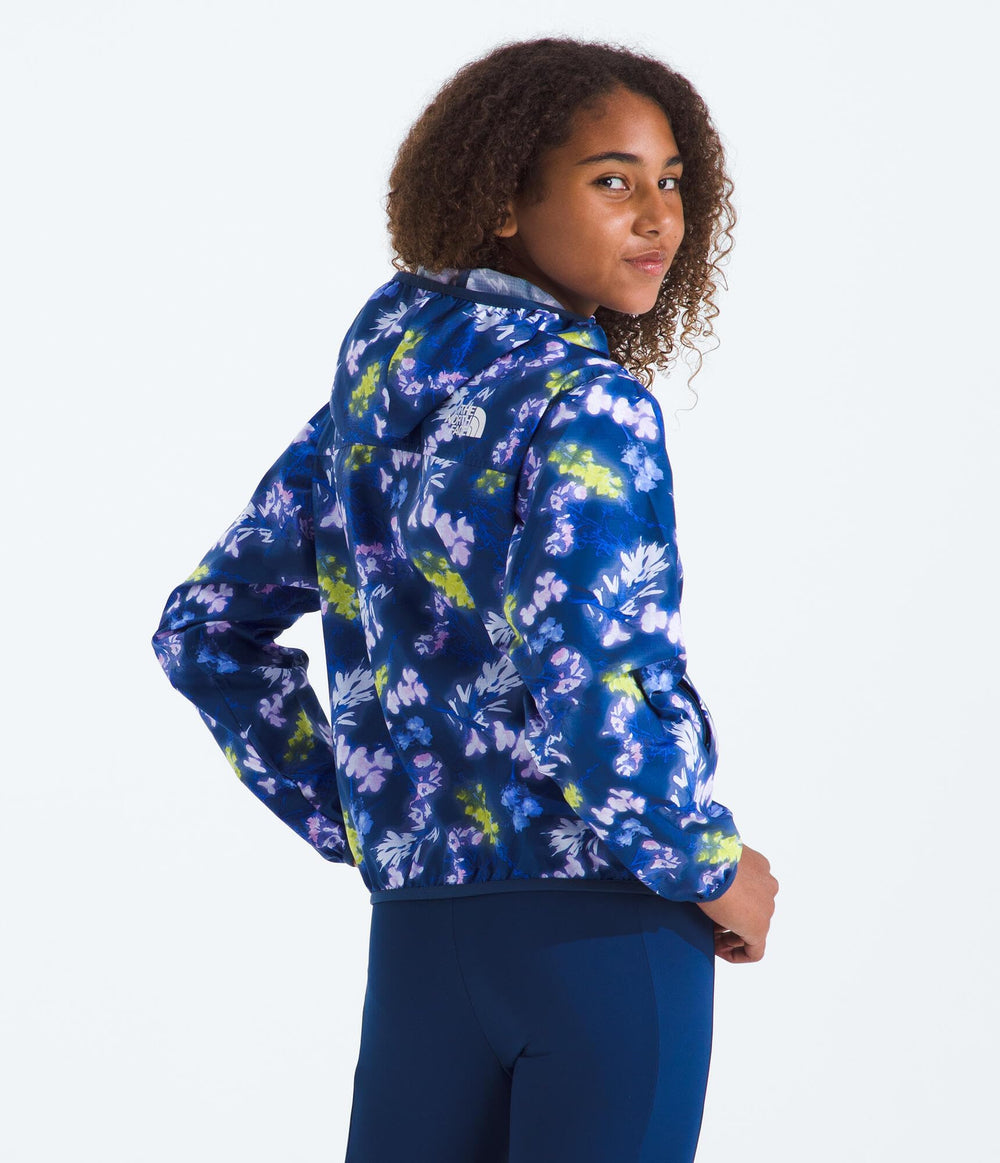 The North Face Girls' TNF Cyclone Wind Jacket hood detail showcases three-piece hood for coverage
