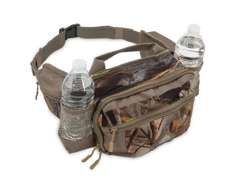 North Mountain Gear camouflage fanny pack side pockets ideal for phone and gloves.