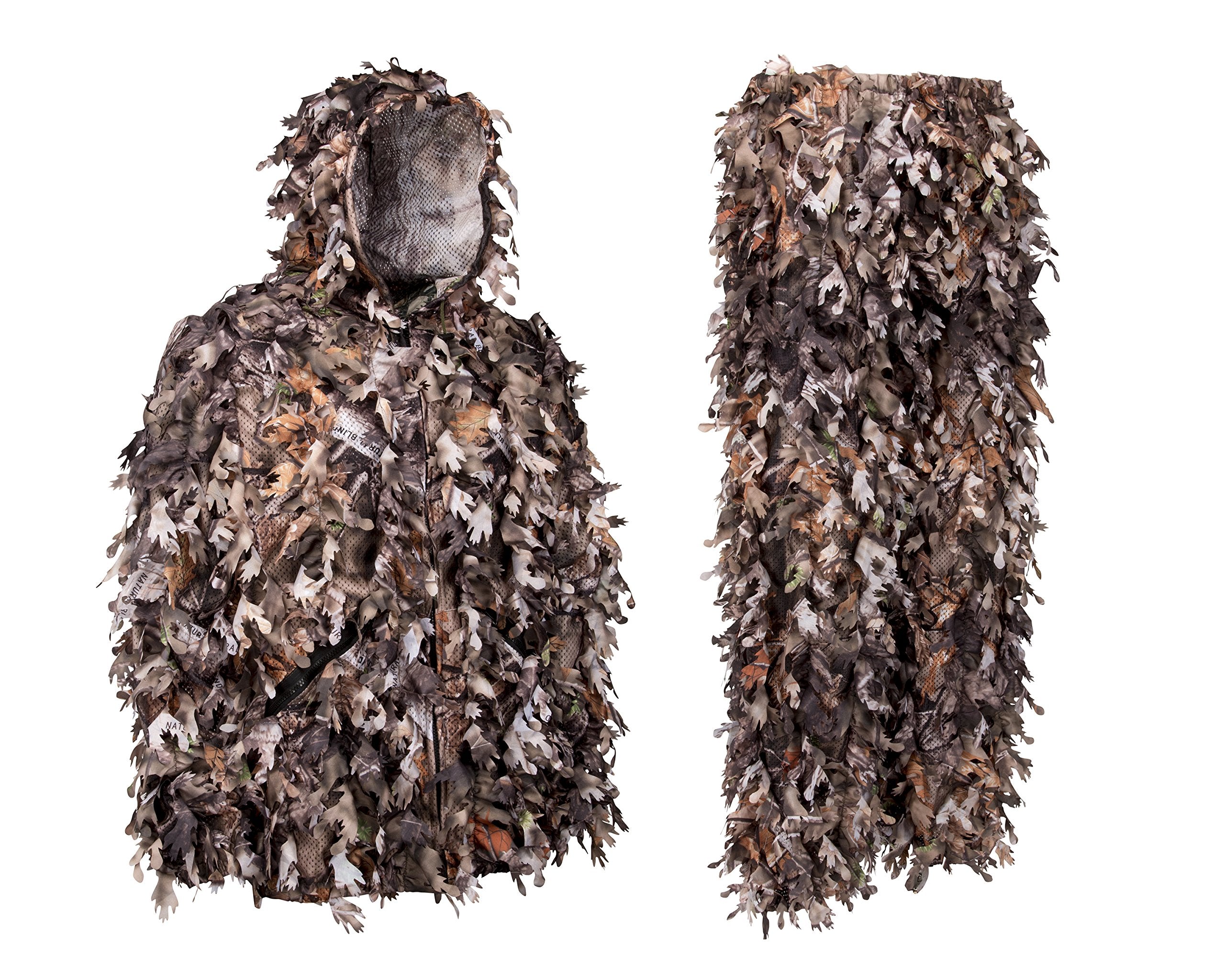 North Mountain Gear Ghillie Suit hooded jacket with dense camouflage leaves for woodland concealment.