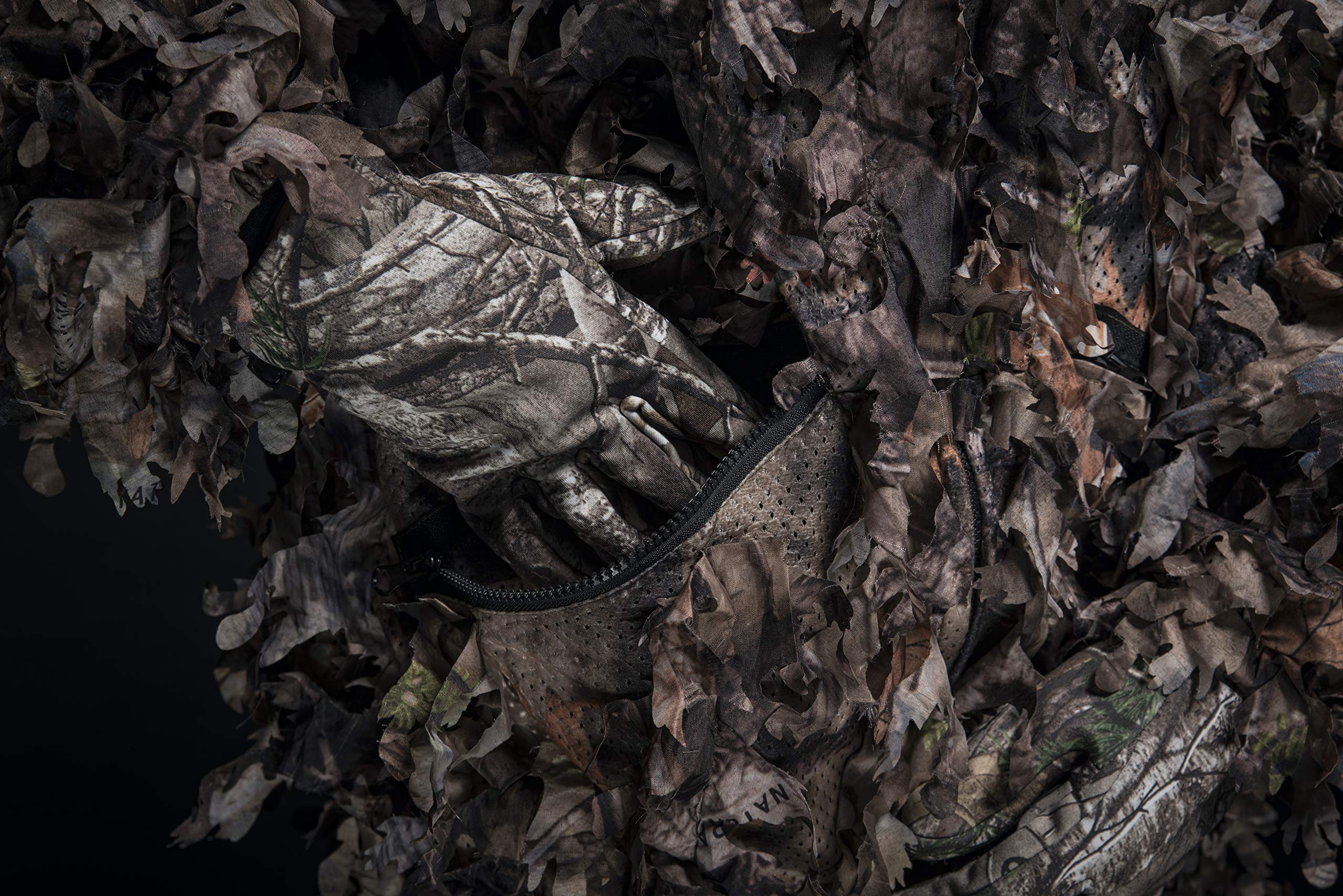 North Mountain Gear ghillie suit attached hood in field setting.