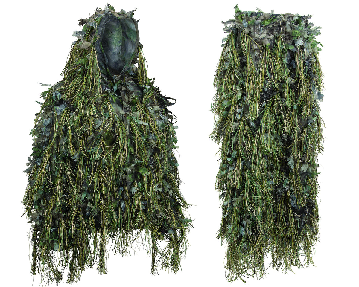 North Mountain Gear Hybrid Ghillie Jacket in woodland green for stealth in woodland hunts.