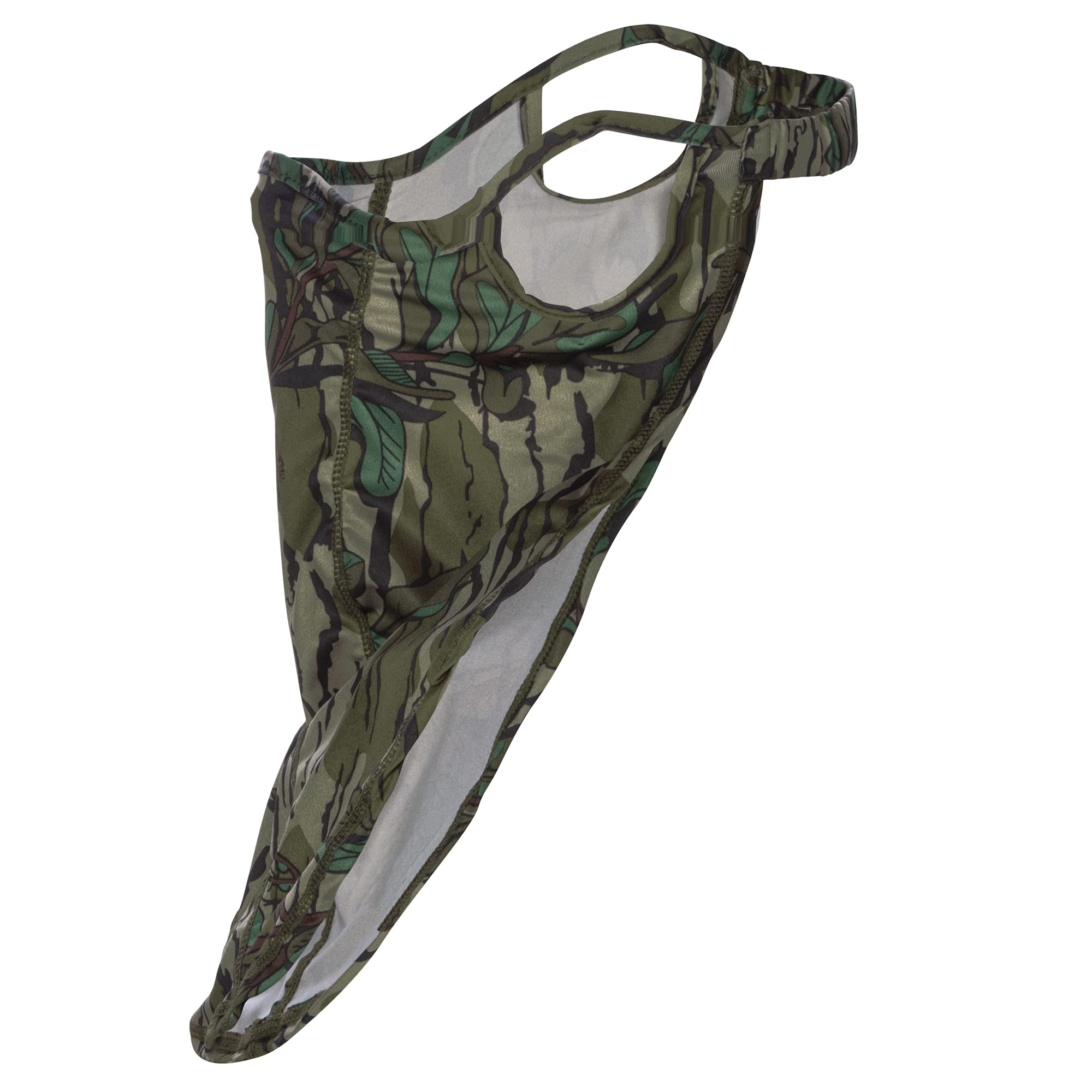 North Mountain Gear Mossy Oak Loose Fit Facemask Greenleaf seam close-up emphasizes quiet wear