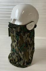 North Mountain Gear Mossy Oak Loose Fit Facemask Greenleaf side view shows extended coverage and comfort