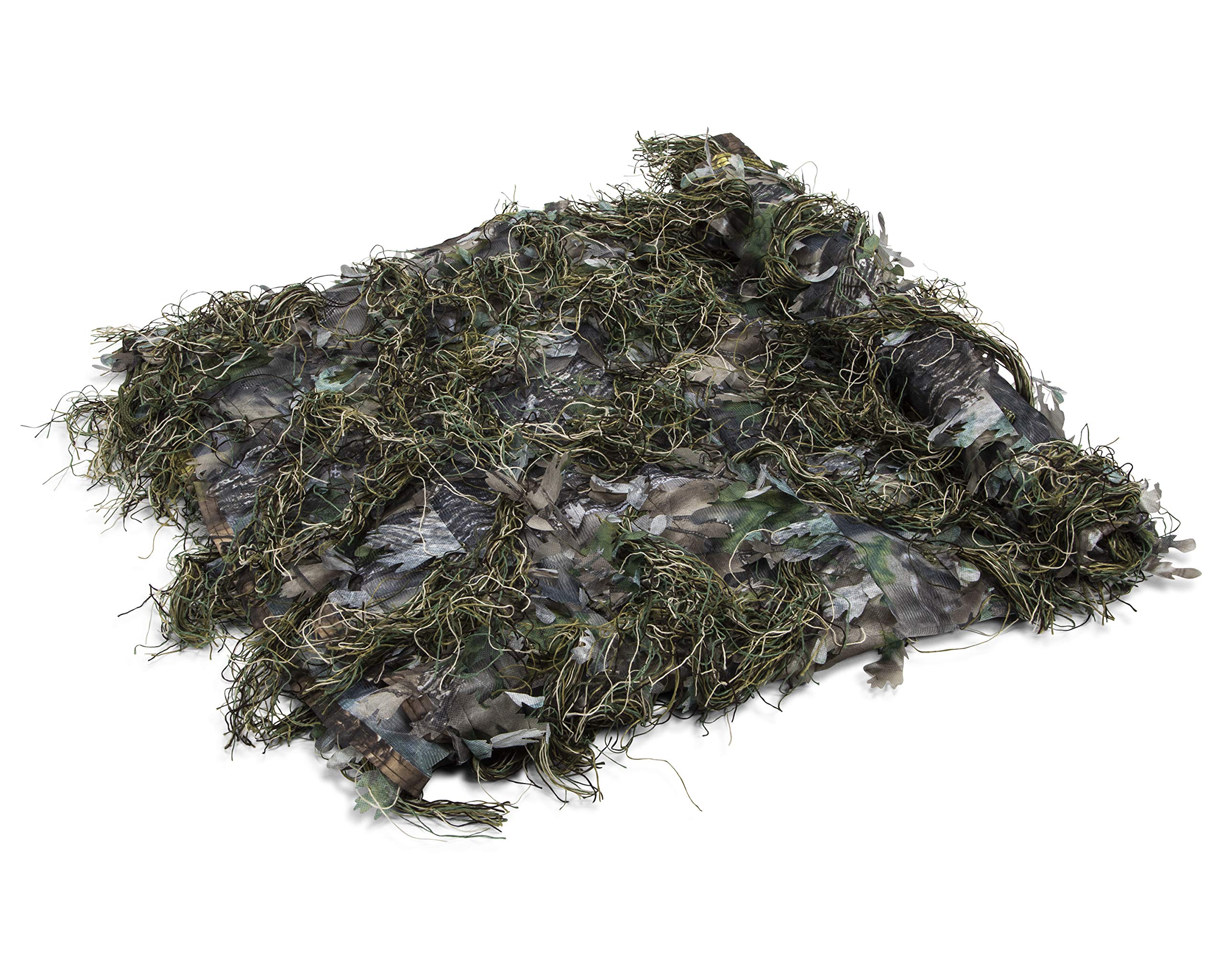 North Mountain Gear universal camo netting woodland green draped over a blind for natural concealment