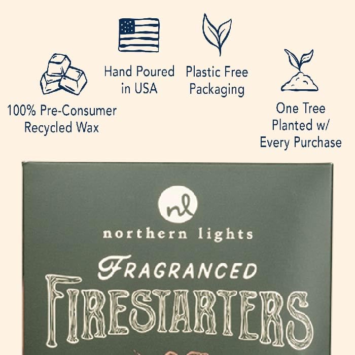 Northern Lights Firestarters in use with wood stove delivers cozy flames.