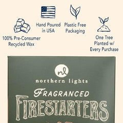 Northern Lights Firestarters in use with wood stove delivers cozy flames.
