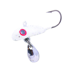 Northland Bro Bling Jig UV White with Neon Moon Eye attracts ice fishing strikes
