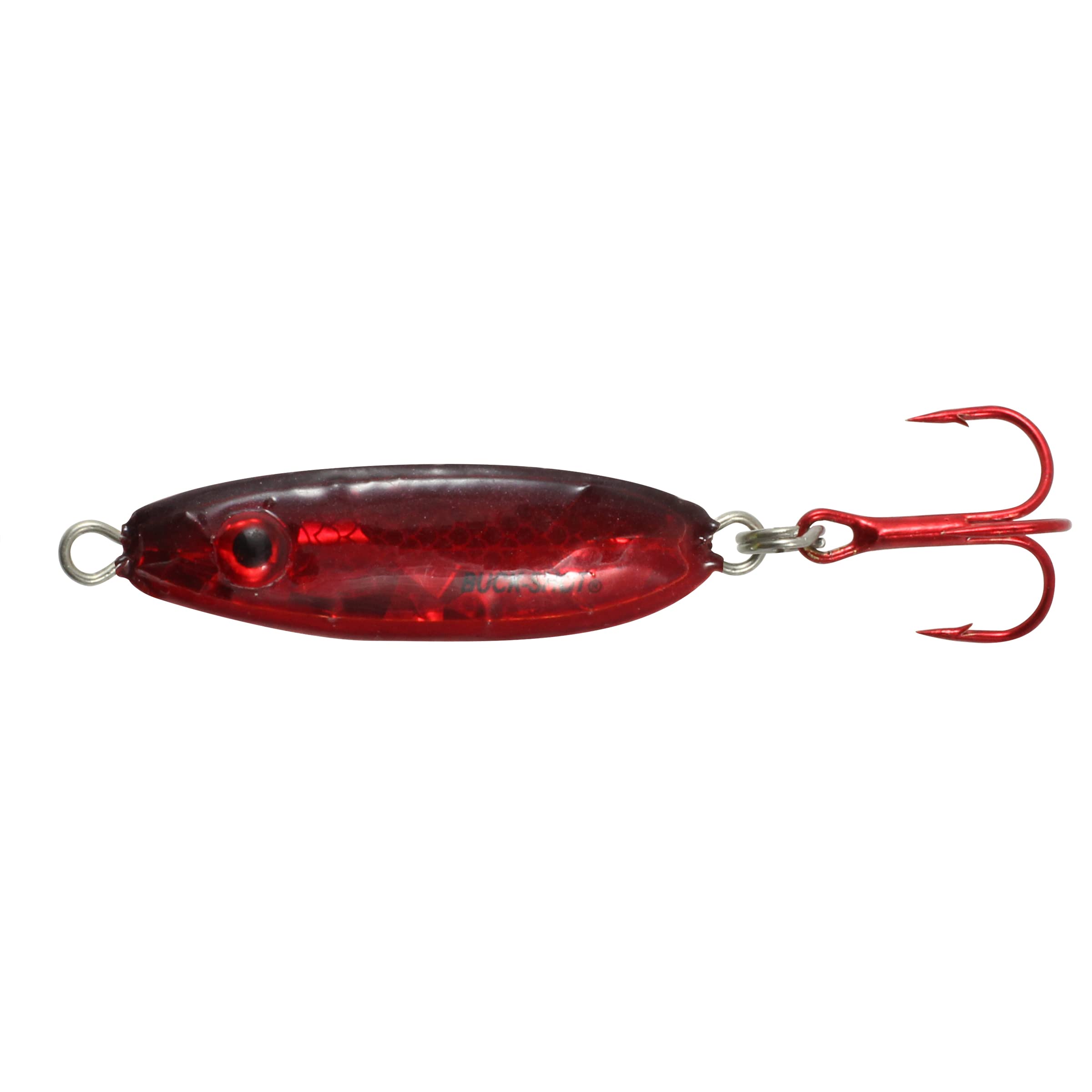 Northland Buck-Shot spoon with Super-Glow Redfish finish attracts ice fish under winter lights