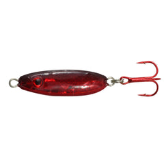 Northland Buck-Shot spoon with Super-Glow Redfish finish attracts ice fish under winter lights