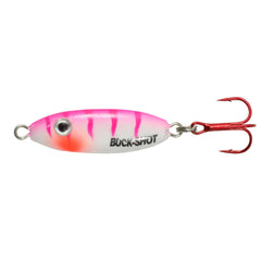Northland Buck Shot UV Spoon in UV Pink Tiger enhances lure visibility for ice fishing.