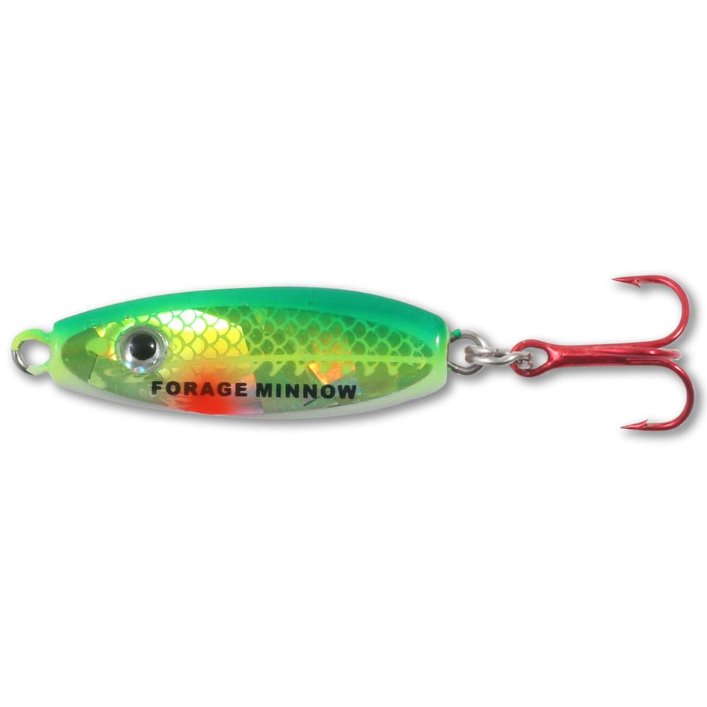 Northland Forage Minnow Spoon Super Glow Perch 1/8 oz lure for ice fishing, enhanced visibility.