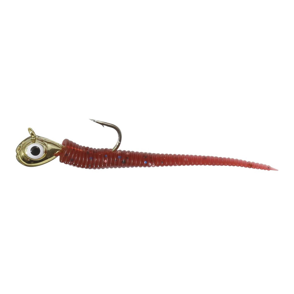 Northland Impulse rigged tungsten bloodworm jig head with bulging eyes for lifelike panfish action.