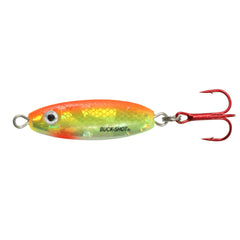 Northland Buck-Shot Rattle Spoon with glow-chub for ice fishing visibility.