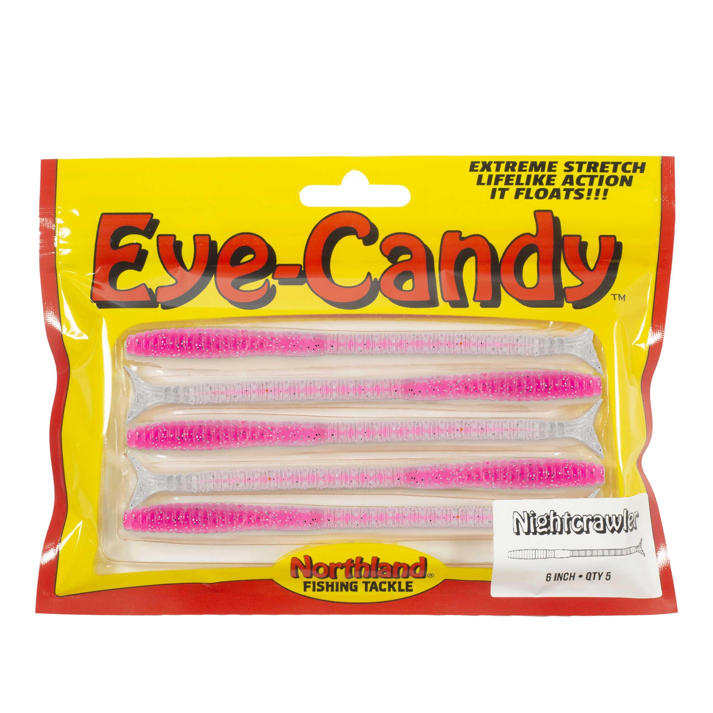 Northland Tackle Eye Candy Nightcrawler floating 6-inch worm lure in pink-silver ready for walleyes