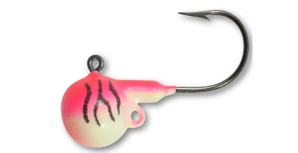 Northland Tackle Fire-Ball Jig UV Pink Tiger for vertical jigging with live bait and improved bite potential.