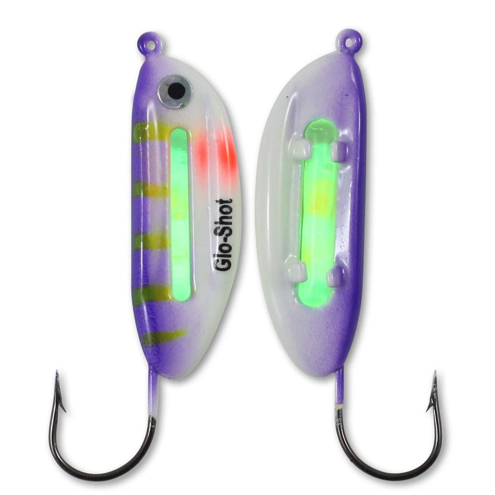 Northland Tackle Glo-Shot Jig UV Purple Tiger close-up showing glow lure for low light.