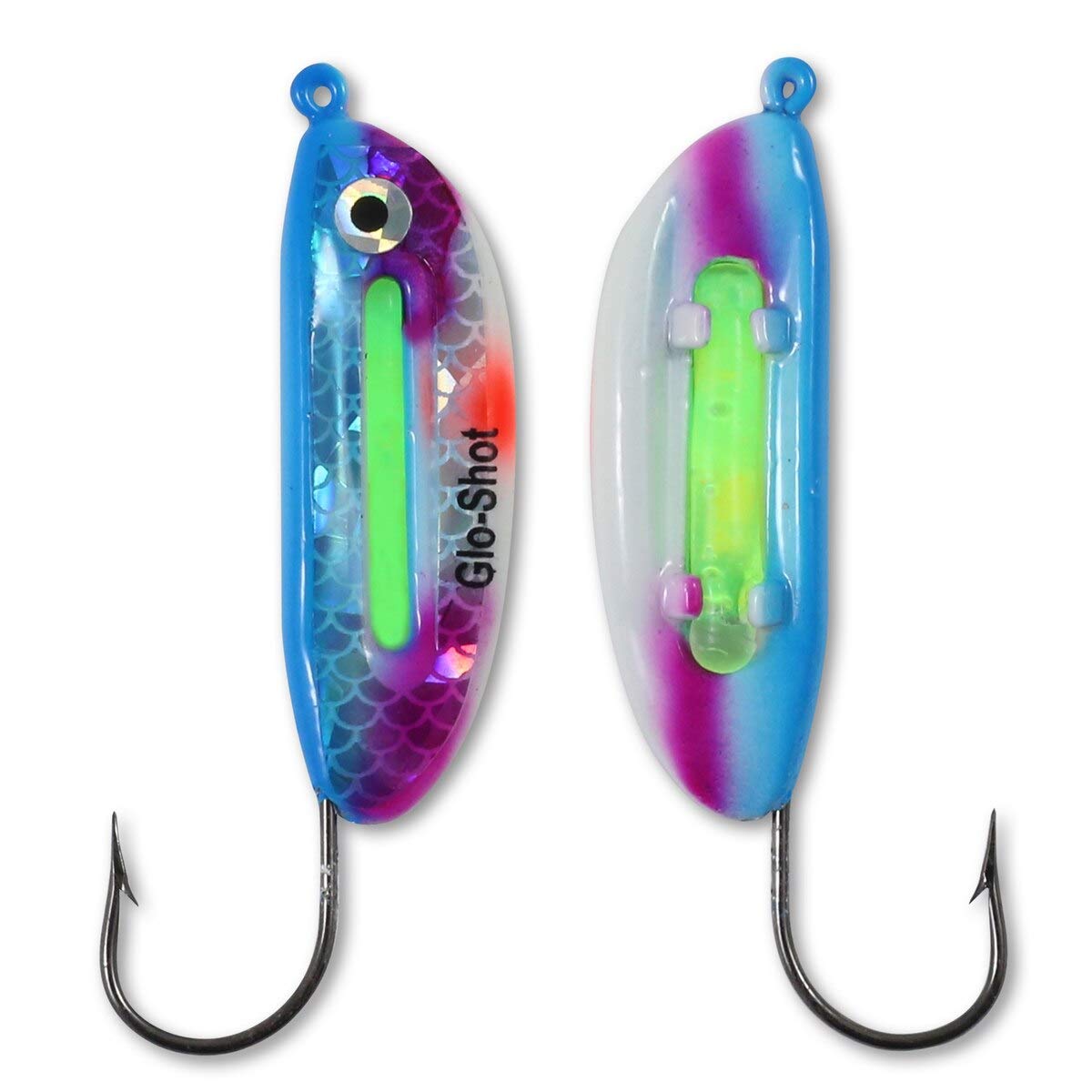 Northland Tackle Glo-Shot Jig Super-Glo Redfish color emits a bright glow for dusk chases.