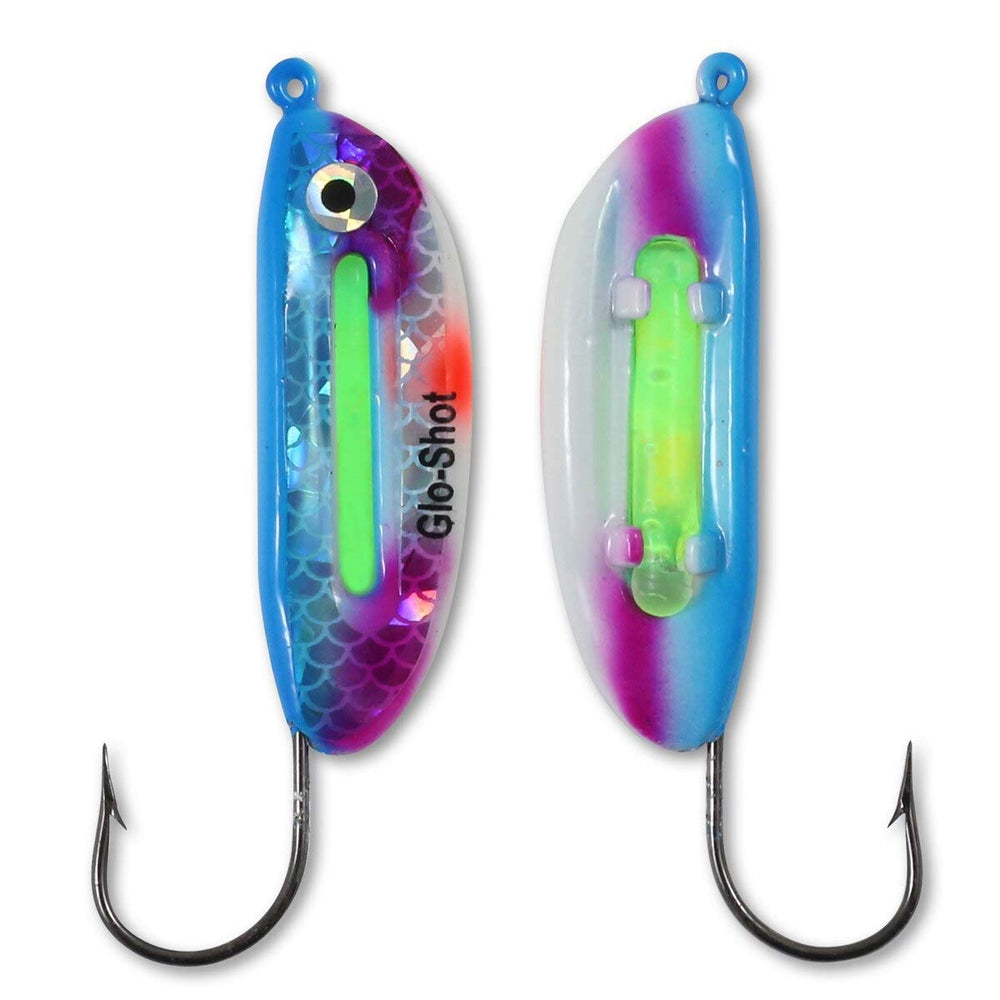 Northland Tackle Glo-Shot Jig Super-Glo Redfish color emits a bright glow for dusk chases.