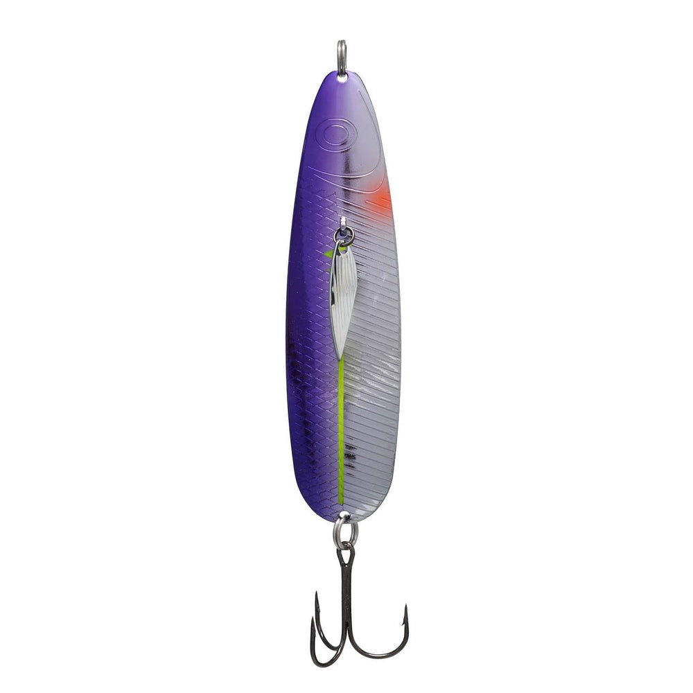 Northland Thumper casting spoon purple racecar boosts visibility and attracts large freshwater predators.