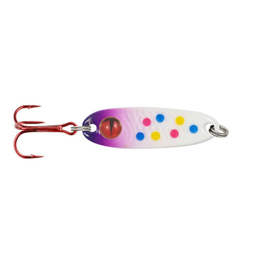 Northland Tungsten Forage Minnow spoon in Super-Glo Purple Wonderbread glowing action for versatile freshwater jigging