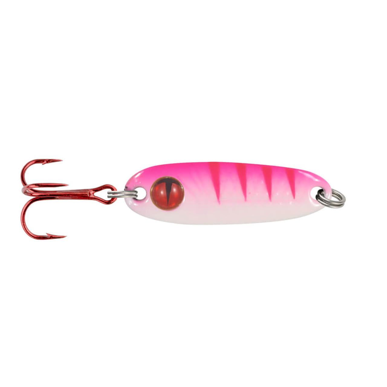 Northland Tungsten Forage Minnow spoon in UV Pink Tiger attracts gamefish with lifelike flashes