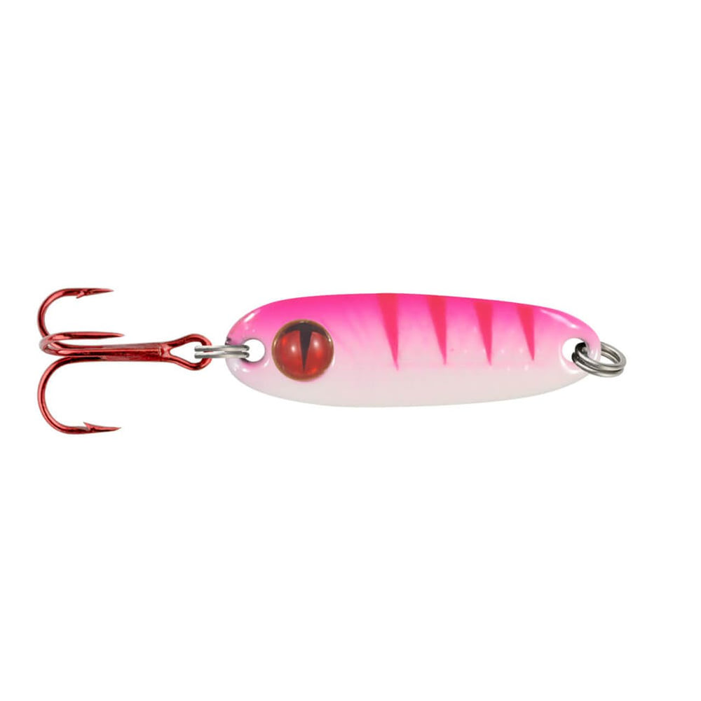 Northland Tungsten Forage Minnow spoon in UV Pink Tiger attracts gamefish with lifelike flashes