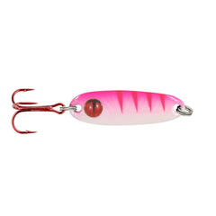 Northland Tungsten Forage Minnow spoon in UV Pink Tiger attracts gamefish with lifelike flashes