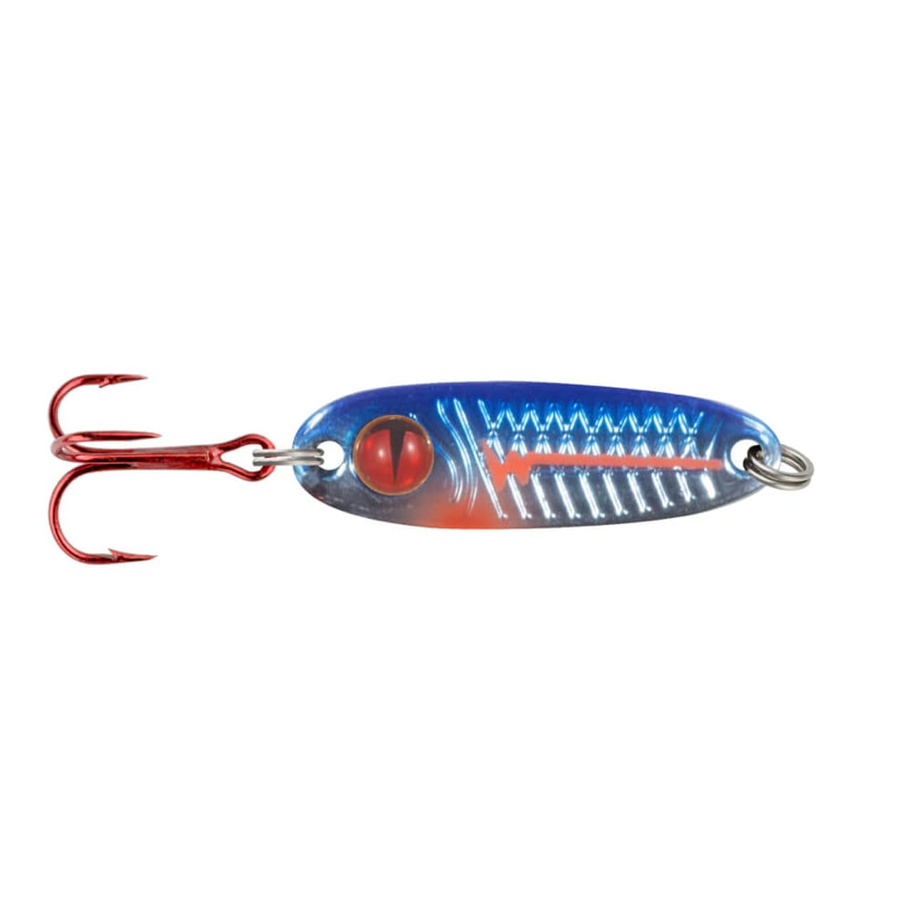 Northland Tungsten Forage Minnow blue racecar spoon entices strikes with lifelike action.
