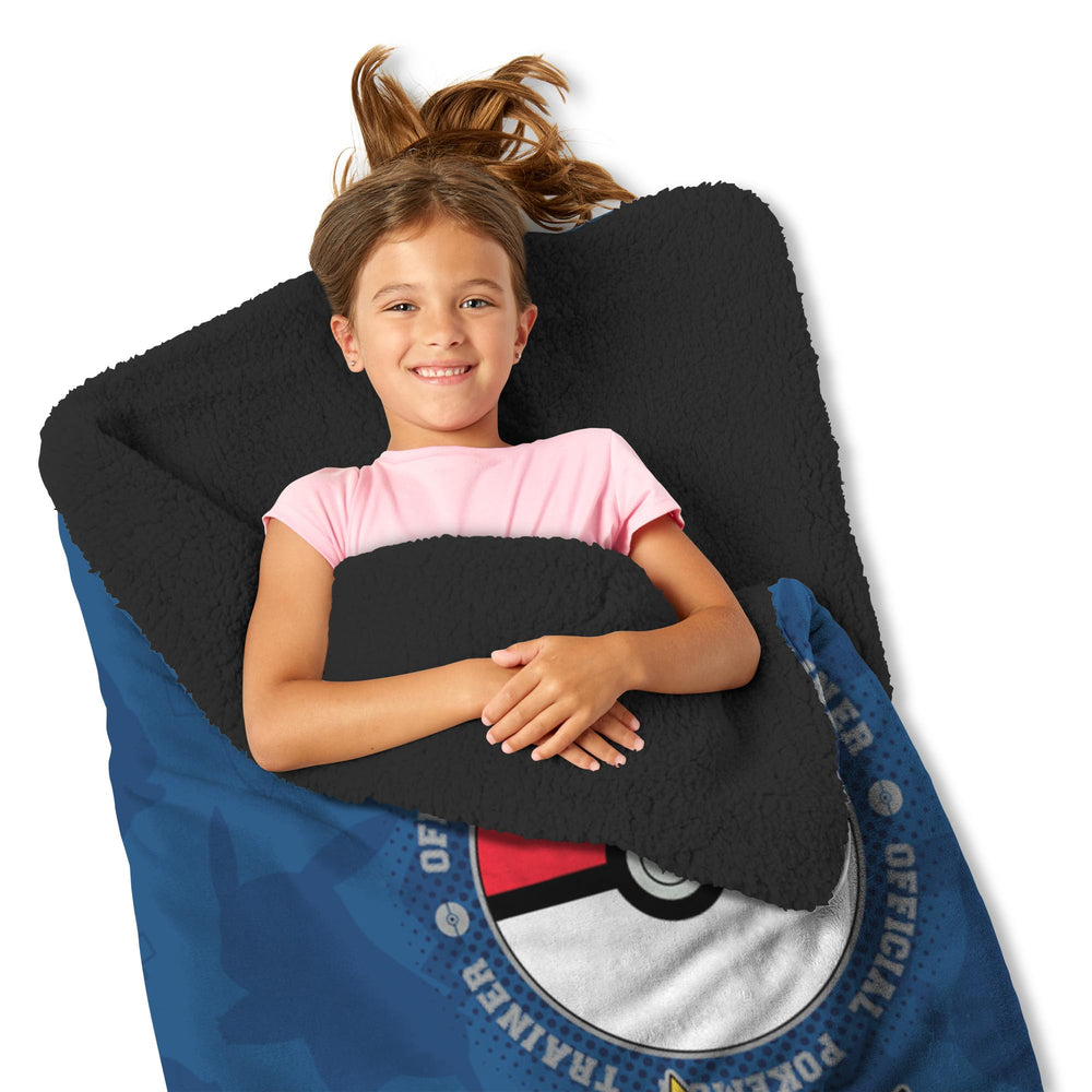 Northwest Pikachu Sherpa Slumber Bag open shows two-in-one sleeping option.