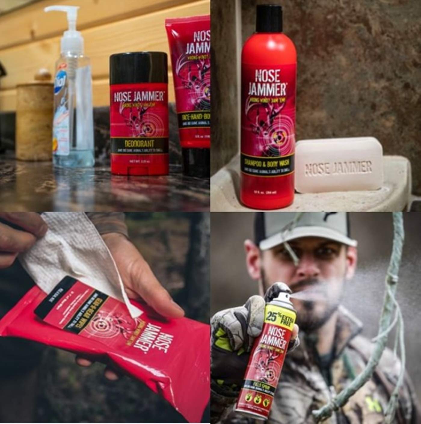 Nose Jammer field-use in woods demonstrates scent control during stealth hunts.