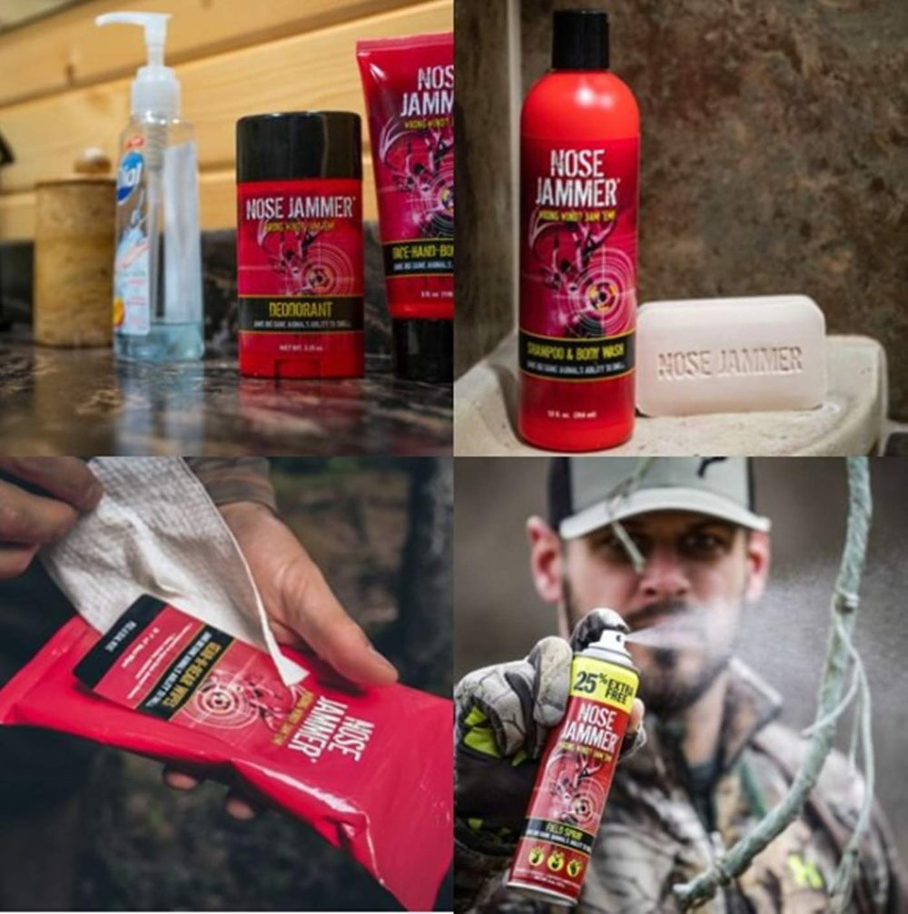 Nose Jammer field-use in woods demonstrates scent control during stealth hunts.