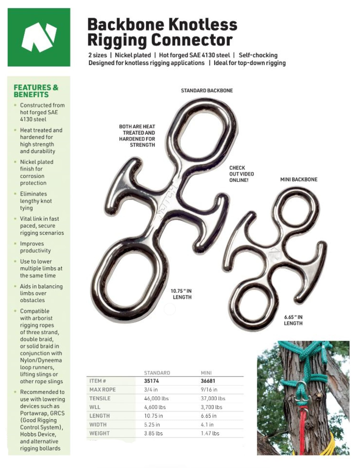 Scale/weight reference showing Notch Backbone Knotless Rigging Connector 35174 at 3.9 lbs