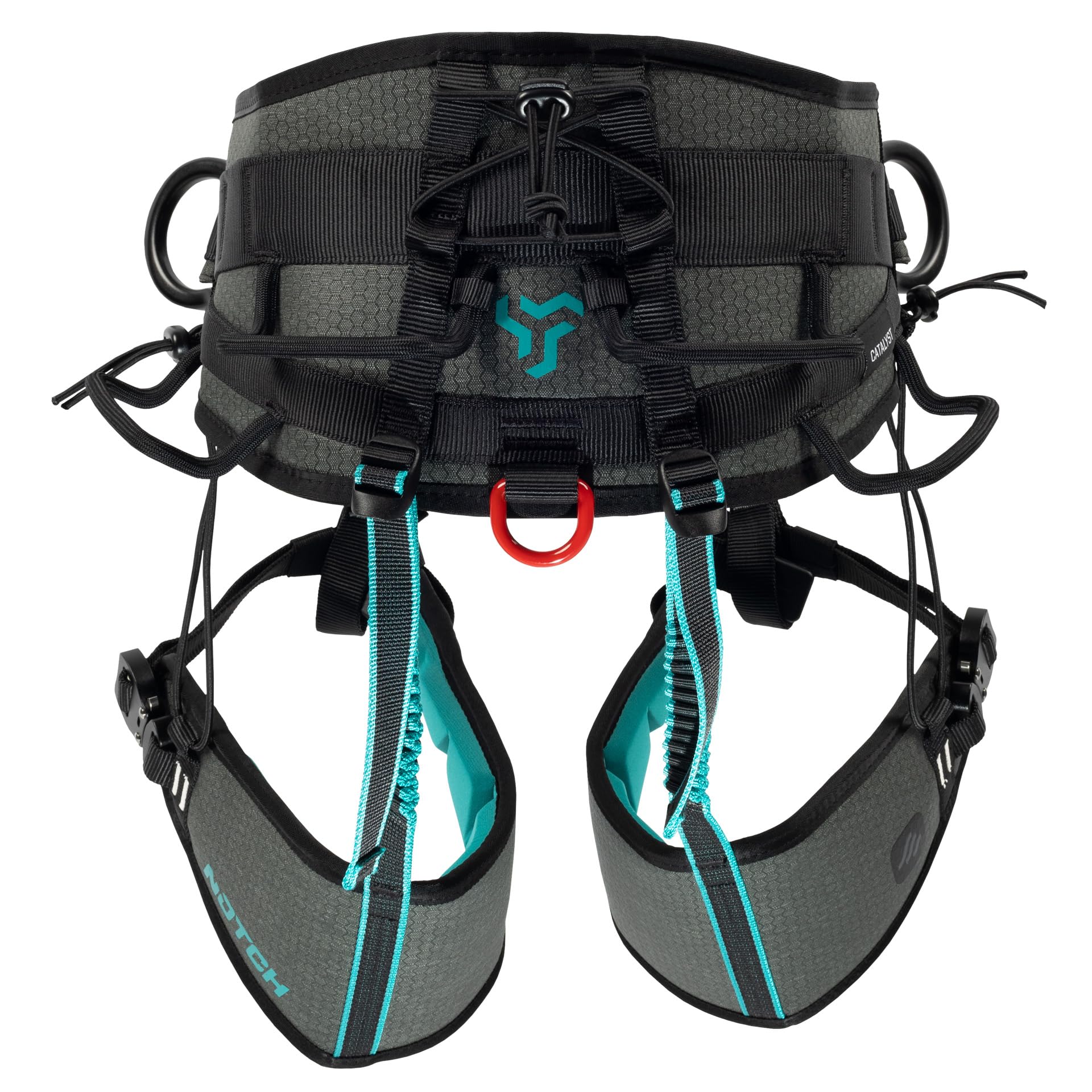 Notch Catalyst harness leg panel with adjustable fit enhances climbing comfort.