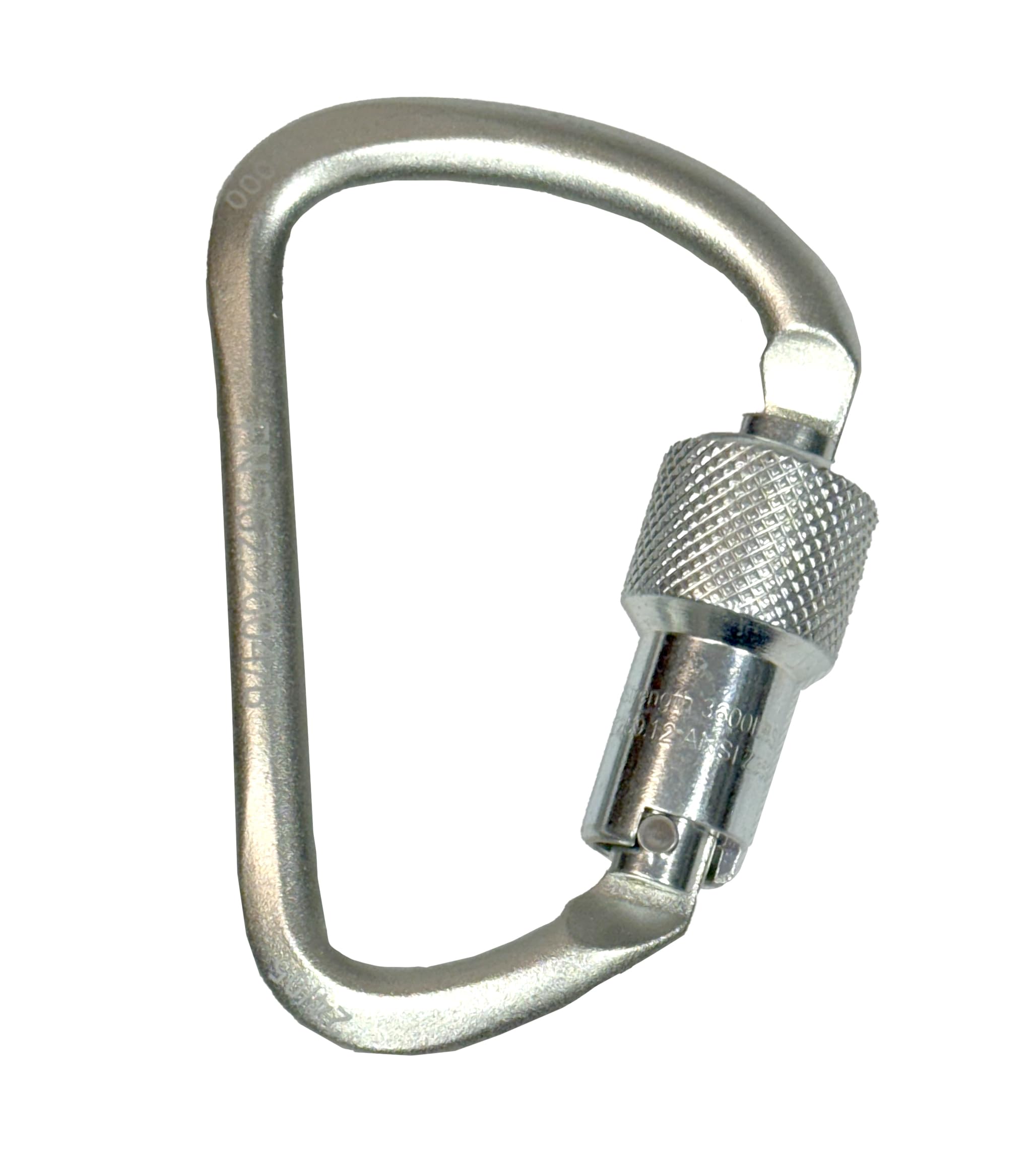 Notch steel carabiner in D shape showing 3,600 lb gate strength for safety.