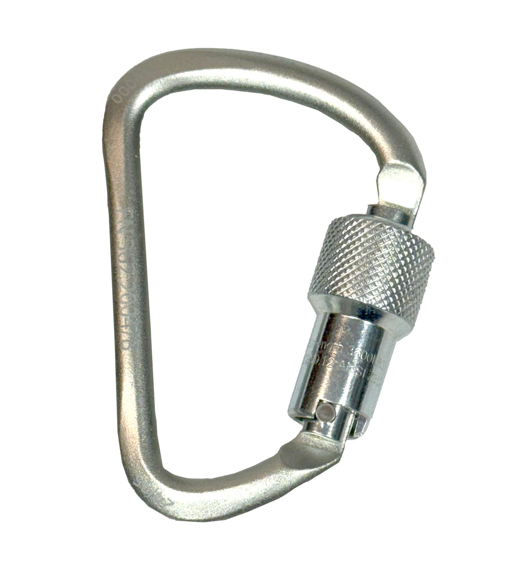 Notch steel carabiner in D shape showing 3,600 lb gate strength for safety.