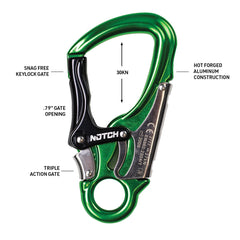 Notch triple action snaphook green keylock gate prevents snagging during use.