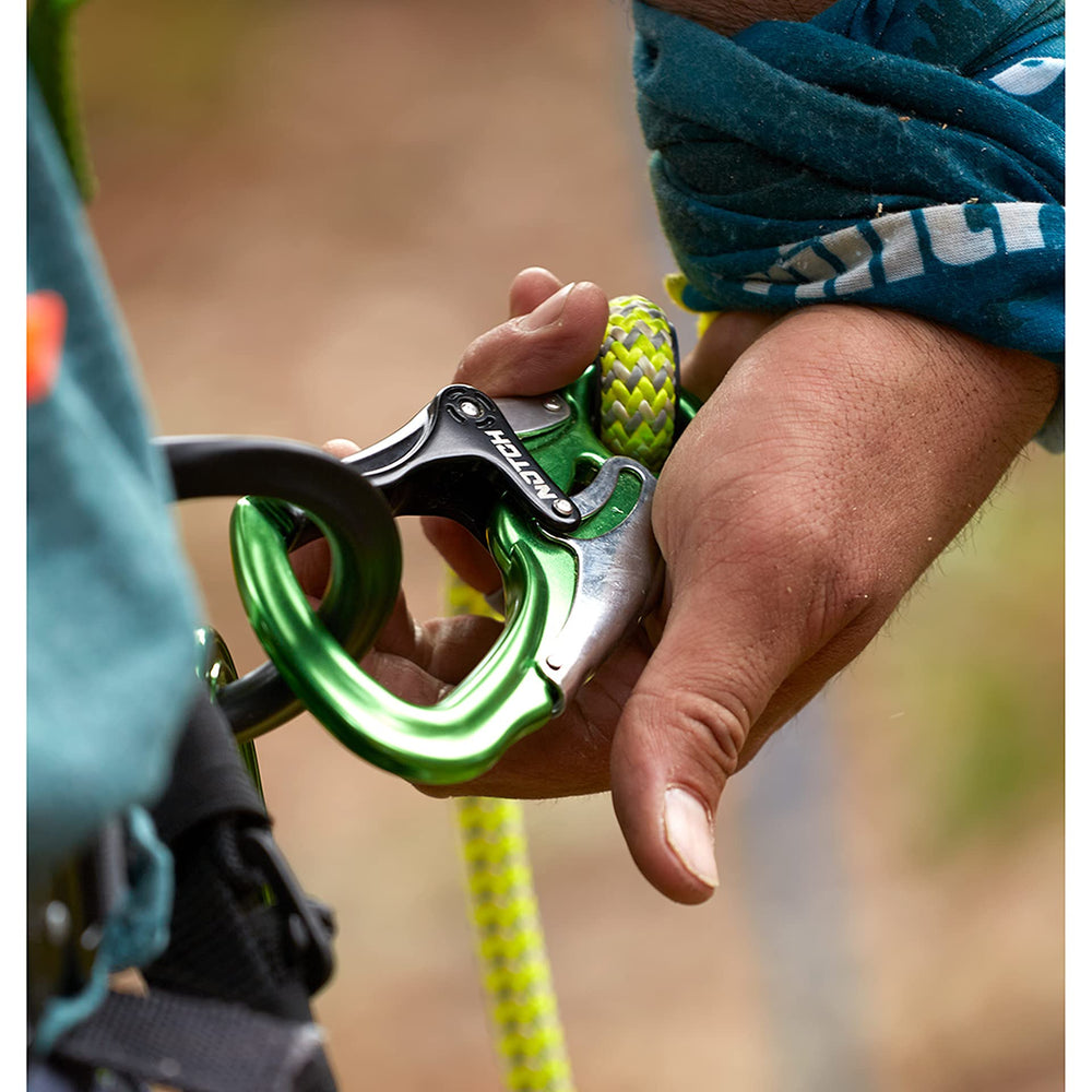 Notch triple action snaphook green lanyard connection offers secure terminations for adjustable setups.