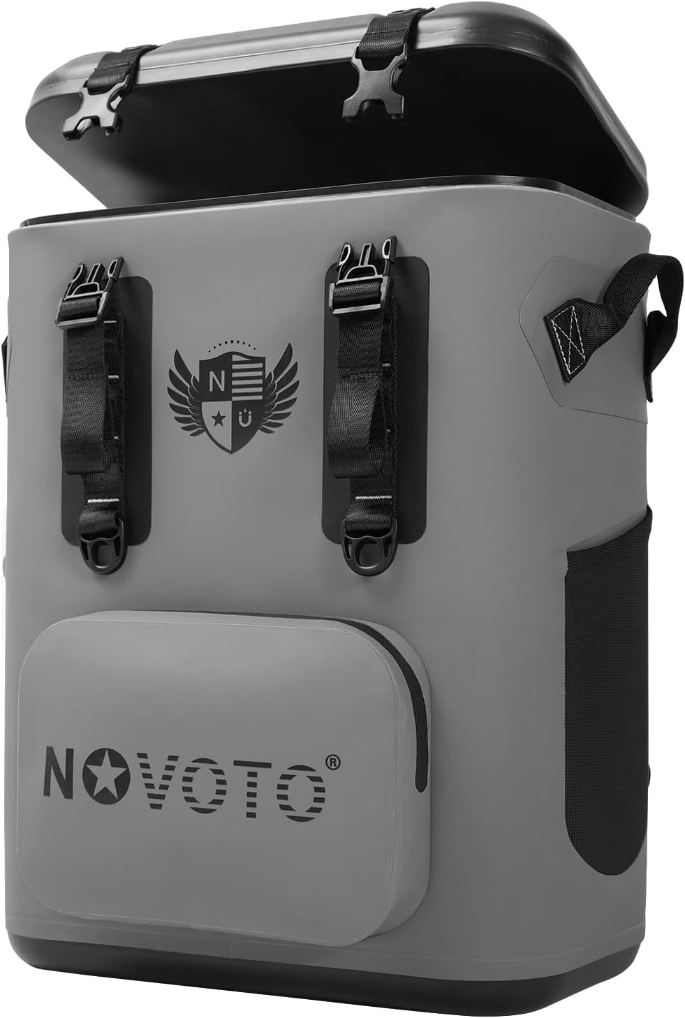 Novoto magnetic-backpack-cooler in gray holds 30 cans for beach trips