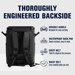 Novoto Magnetic Backpack Cooler back panel with chest strap and waist belt for stable hands-free carrying.