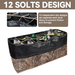 Nowaca decoy bag with reed camouflage print blending into marsh scenery.