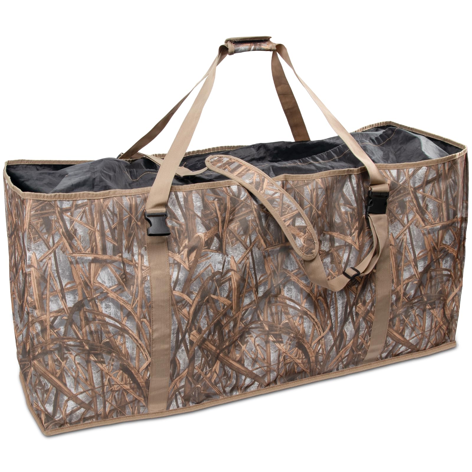 Nowaca decoy bag exterior front view with reed camouflage for concealment.