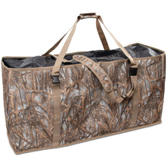 Nowaca decoy bag exterior front view with reed camouflage for concealment.