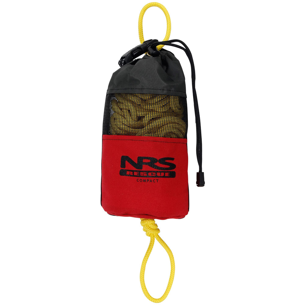 NRS Compact Rescue Throw Rope in red, high-visibility rope for swiftwater rescues and quick throws.