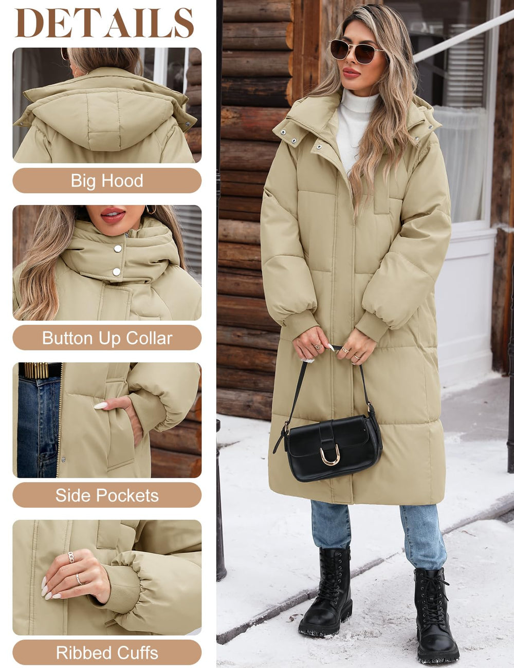 NRZD long puffer coat decorative pockets for convenient storage during errands.